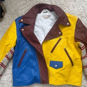 Marni Burgundy and Yellow Leather Jacket